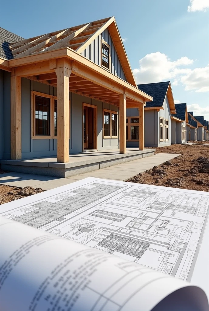 Structural design in the foreground, with some house construction in the background, place a project sheet in front 