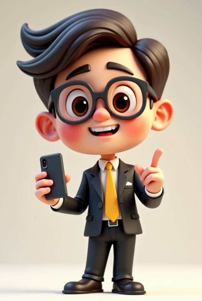 A full body 3D cartoon character. He has a friendly appearance, charismatic and is smiling. The character is a young man with fair skin, dark brown straight hair, bushy eyebrows, big brown eyes and wears glasses. His behavior is cheerful.
The character is dressed formally, wearing a black suit with a yellow tie.
With one hand she is holding a cell phone and with the other she is pointing at the cell phone. The background of the image is neutral, which further highlights the character.