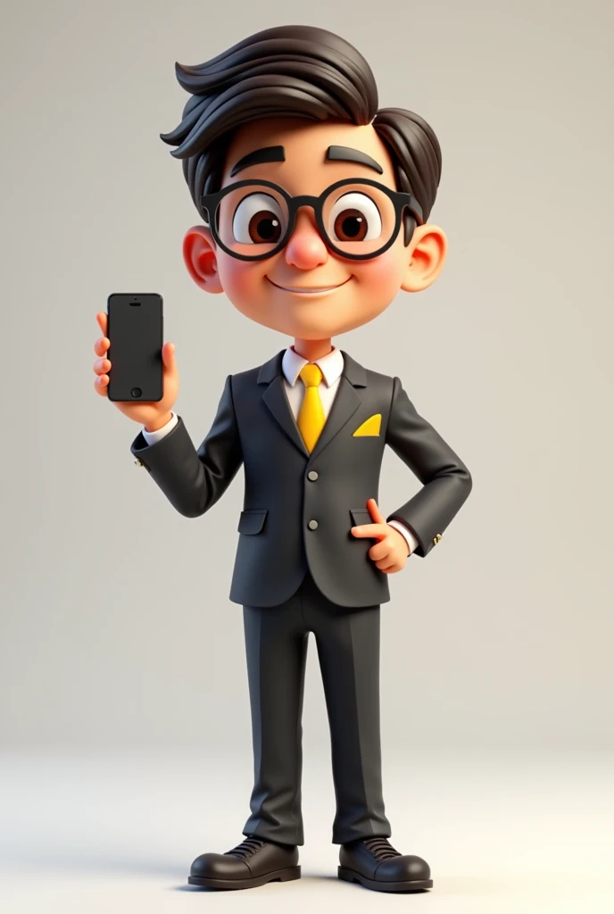 A full body 3D cartoon character. He has a friendly appearance, charismatic and is smiling. The character is a young man with fair skin, dark brown straight hair, bushy eyebrows, big brown eyes and wears glasses. His behavior is cheerful.
The character is dressed formally, wearing a black suit with a yellow tie.
With one hand she is holding a cell phone and with the other she is pointing at the cell phone. The background of the image is neutral, which further highlights the character.