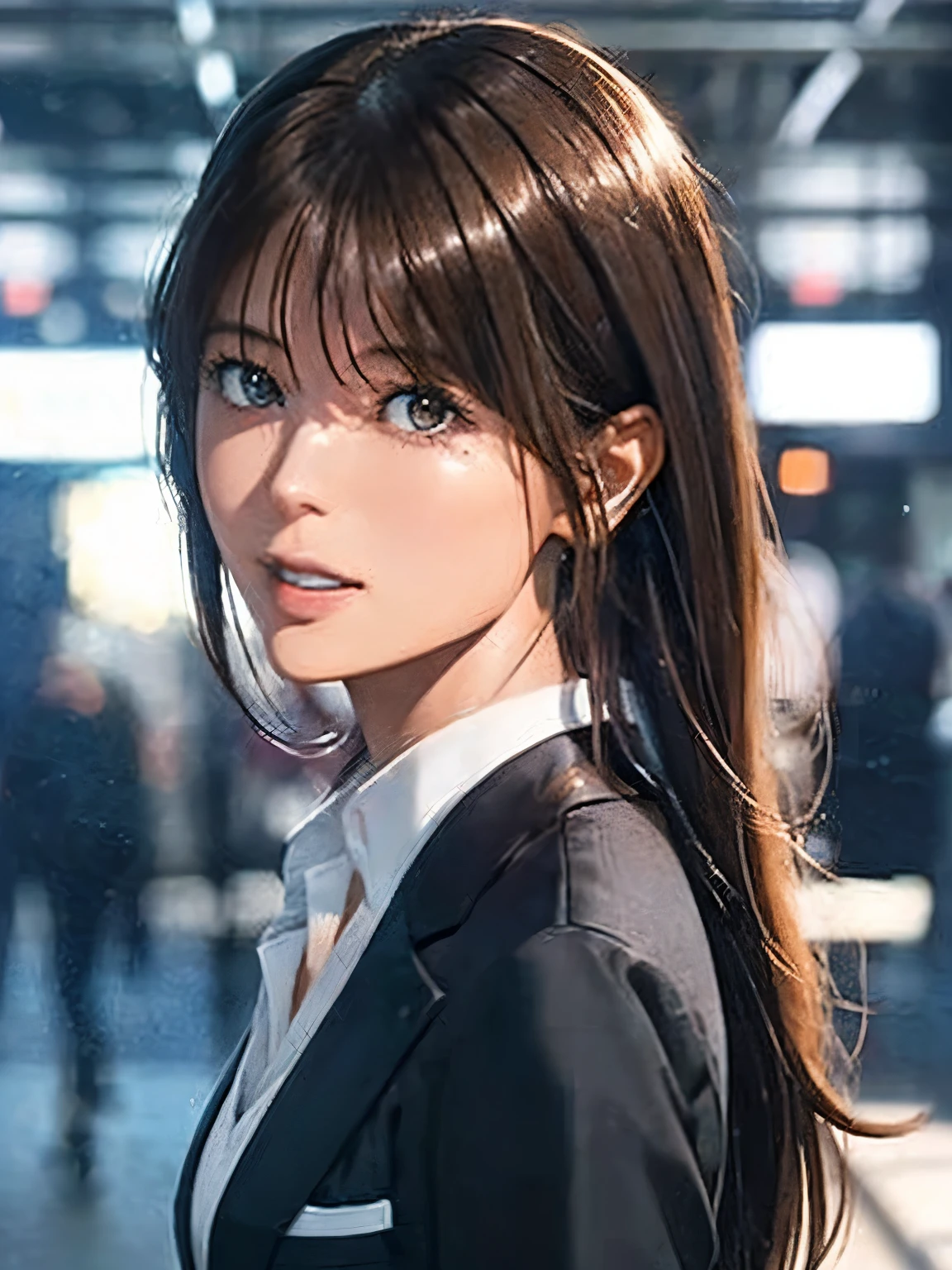 High resolution, 8k, Highest quality, detailed, Semi-realistic anime, Anime 3D Style, Smooth anime CG, One Girl, A 20-year-old Japanese woman, slim, Modeled, Shiny brown hair, detailedな顔, Beautiful and detailed, Glowing Skin, Hard Focus、Film Grain, Soft lighting, Looking at the audience, Laughter, (A woman wearing a formal jacket and pantsuit), A city lined with office buildings、A street where businessmen come and go