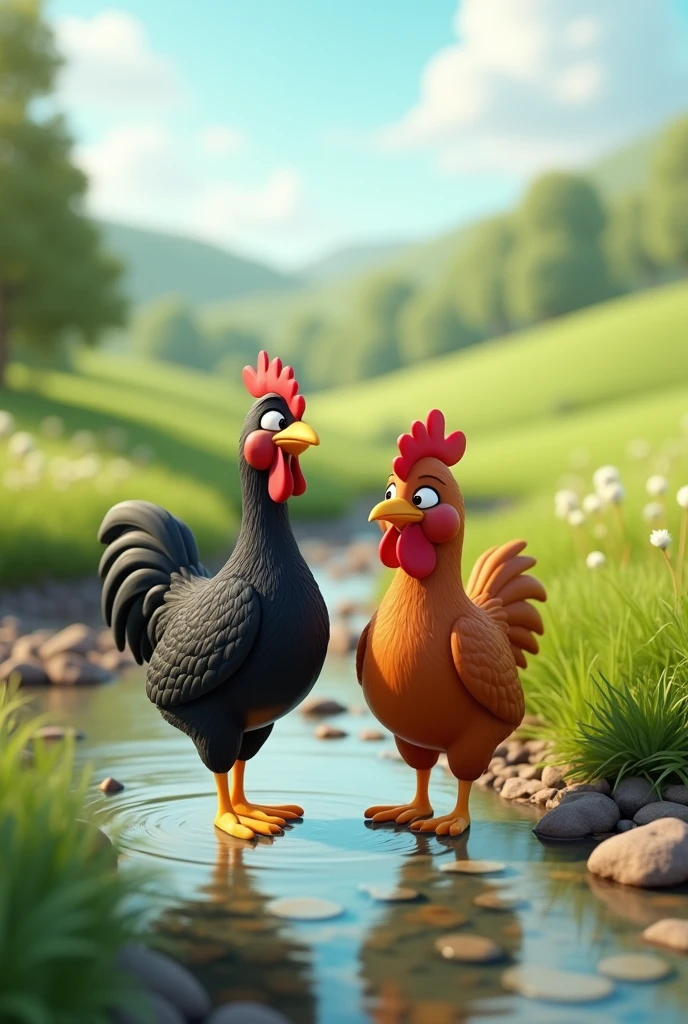 a black hen and a brown hen near a stream in the farm 3D cartoon style, cinematic