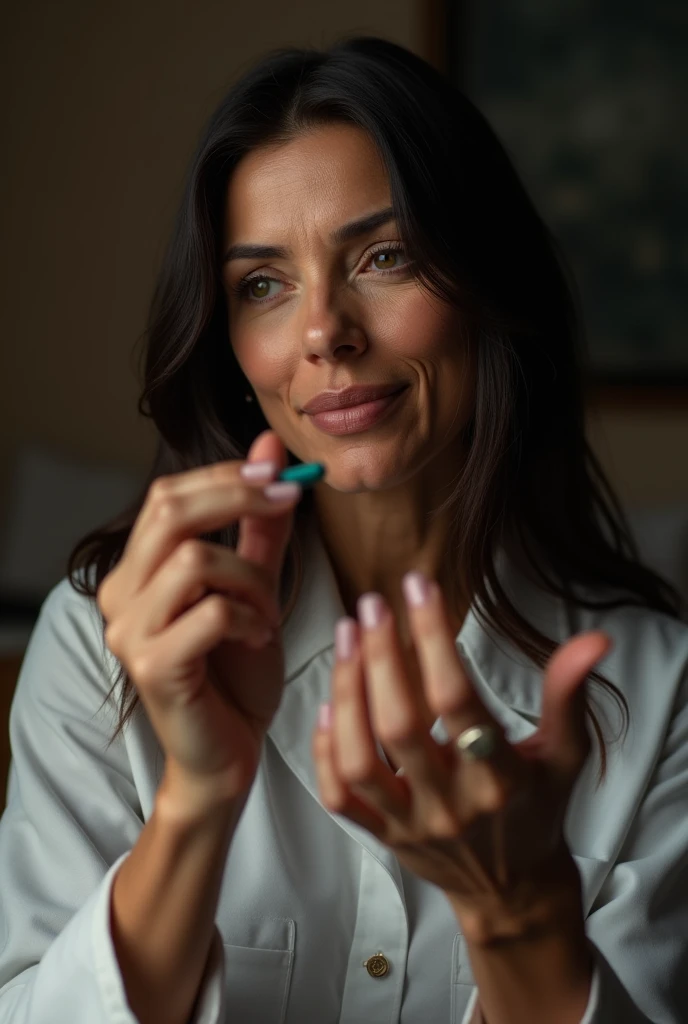 a beautiful mom woman, 55 old years, holding a medicine capsule with his fingers, detailed face, long ebony hair, smiling, cinematographic lighting, ultra detailed, high quality, masterpiece,