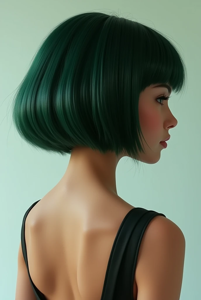 Tan skin Girl Back view dark green stacked layered bob haircut