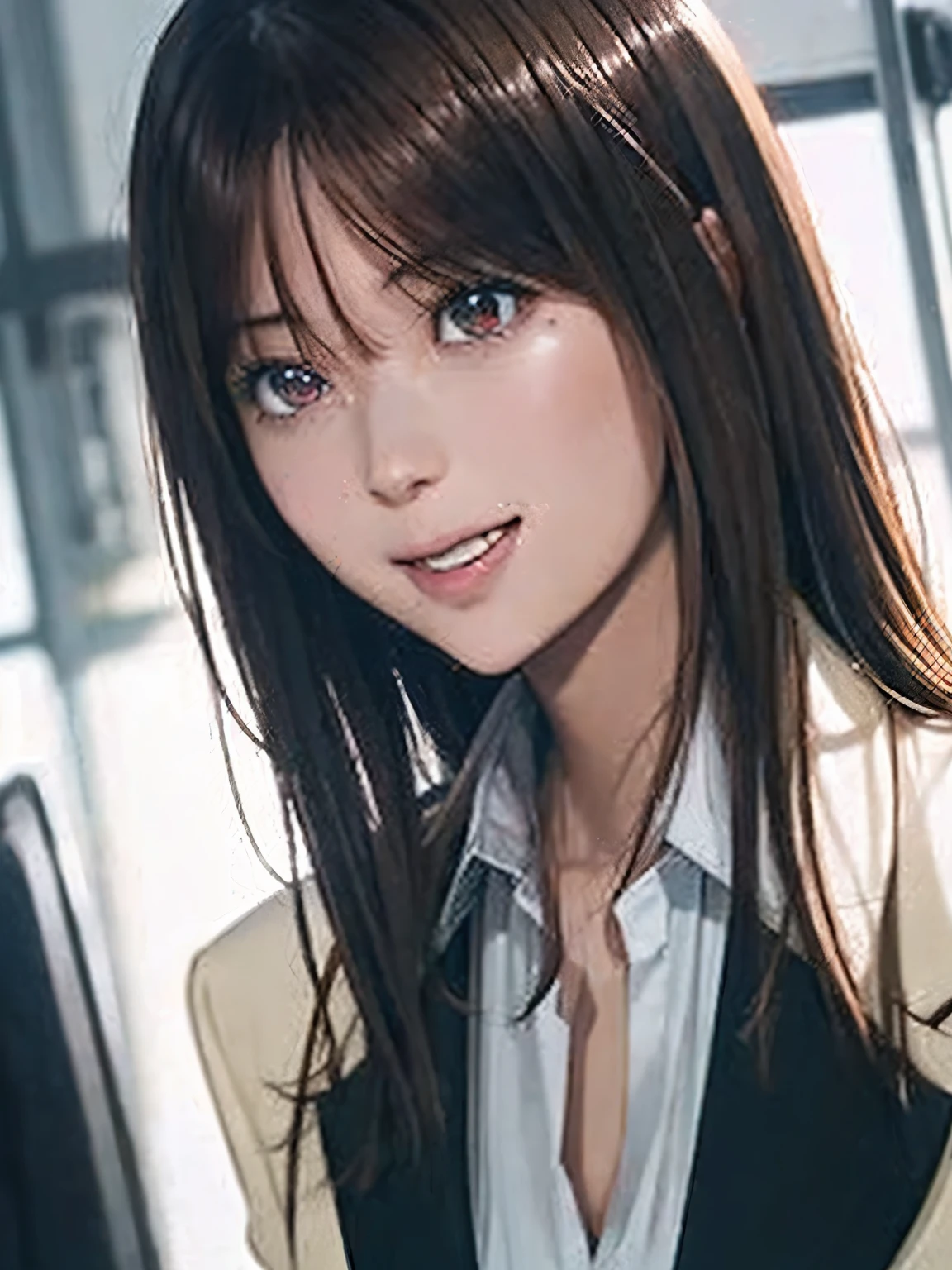 High resolution, 8k, Highest quality, detailed, Semi-realistic anime, Anime 3D Style, Smooth anime CG, One Girl, A 20-year-old Japanese woman, slim, Modeled, Shiny brown hair, detailedな顔, Beautiful and detailed, Glowing Skin, Hard Focus、Film Grain, Soft lighting, Looking at the audience, Laughter, (A woman wearing a formal jacket and pantsuit), A city lined with office buildings、A street where businessmen come and go