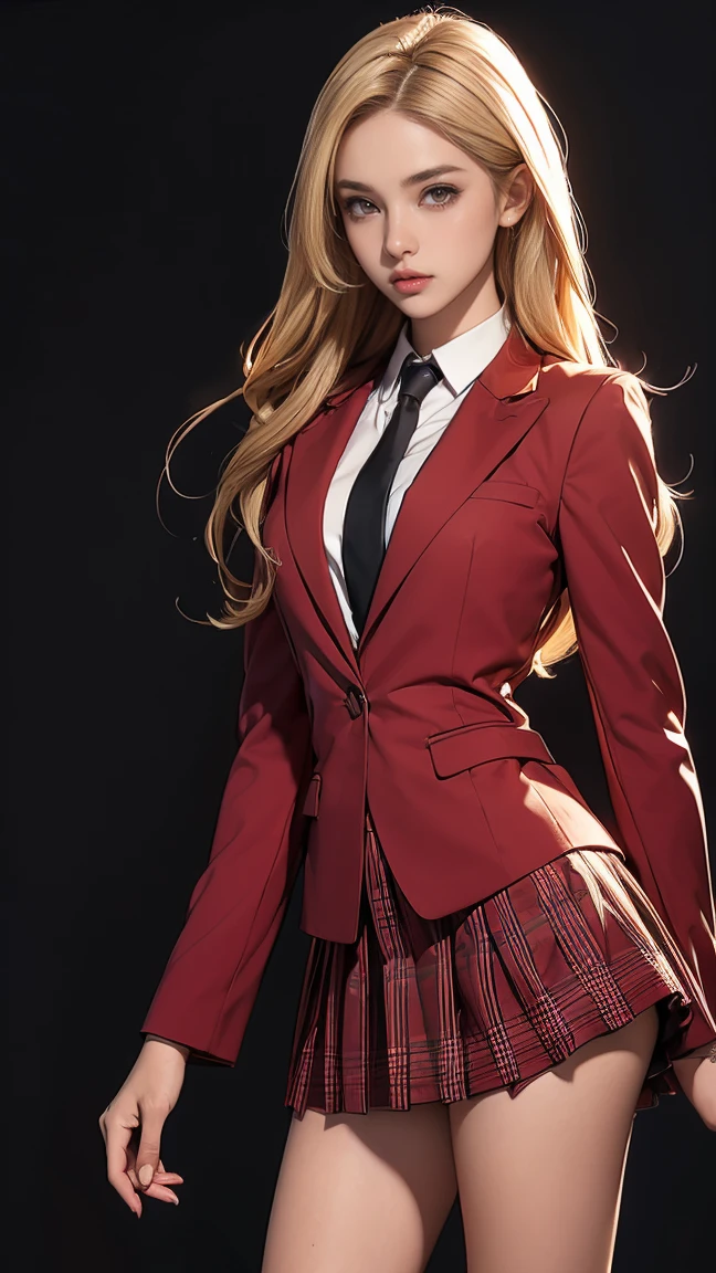 ((Highest quality,4K,High resolution,masterpiece:1.2)),((Character Concept Art)), 1 female, 10th generation women, Asian Beauty Queen, ((Blonde shoulder-length hair)), Bleached hair, (Brown skin color), Very detailed eyes (Brown Eye Color), have confidence, beautiful, , slim body build, ((Intricate details)), Very finely crafted needles, Very finely crafted fingers(((10 fingers))), Wear a red velvet school blazer over a white long-sleeved school shirt with a loosened tie, Checkered Mini School Skirt, Black School Socks, Black school loafers, (Stand provocatively), (Full-body showcase), (Show whole body), (No logos on background), (No logo), ((Plain background)), ((Plain background)), (((Sky Background)))、The skirt is lifted up by the wind