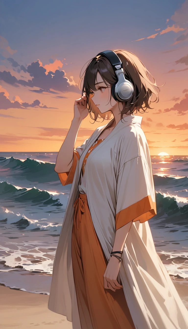 「Coastline where the sun sets、The waves gently crash。One boyish brown-haired girl、Standing calmly。She touches the headphones with one hand.、Listening to some good Lofi music。A warm orange sunset spreads in the background.、The sound of the quiet sea echoes。--AR4:1」

