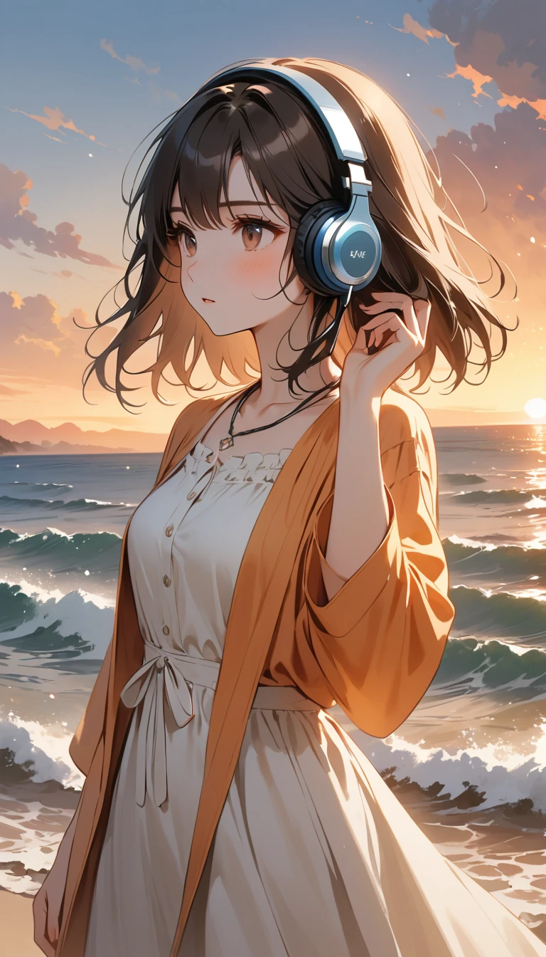 「Coastline where the sun sets、The waves gently crash。One boyish brown-haired girl、Standing calmly。She touches the headphones with one hand.、Listening to some good Lofi music。A warm orange sunset spreads in the background.、The sound of the quiet sea echoes。--AR4:1」