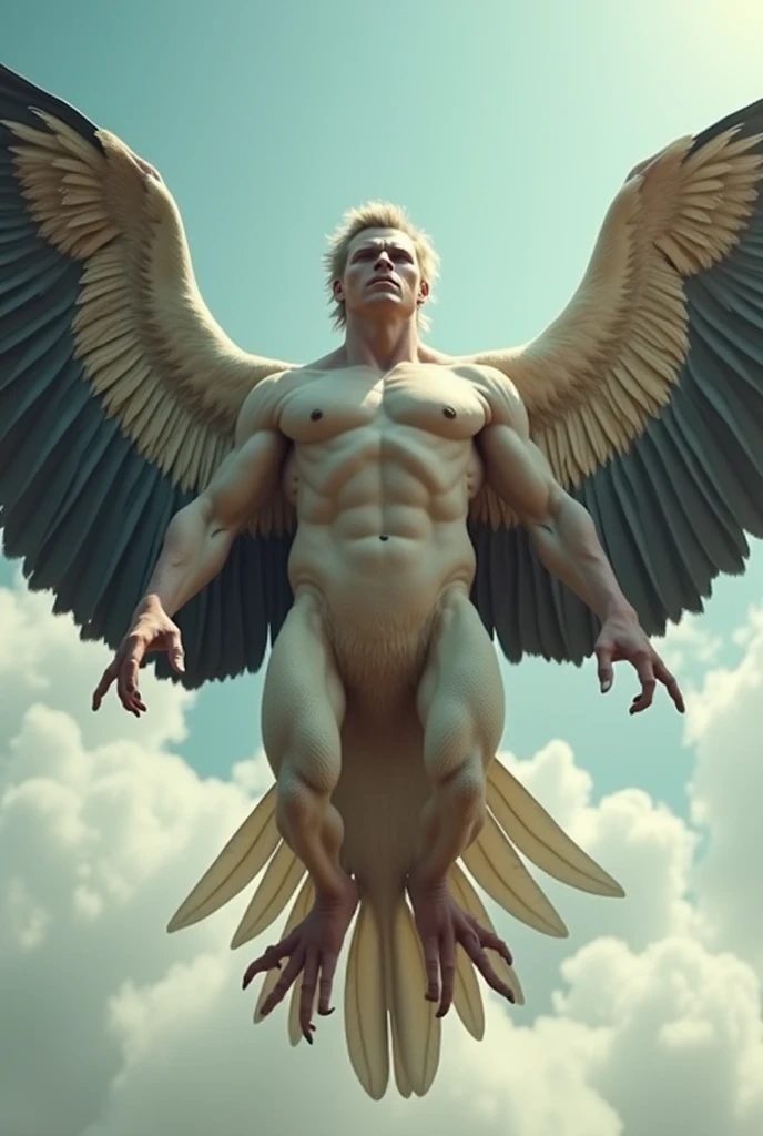 Caucasian male human with bird body flying through the sky Super large pectoral muscles without hand