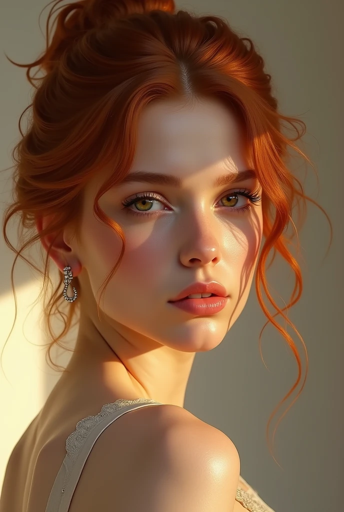 ((photorealism:1.2), beautiful red-haired woman with hair tied back, soft lighting, realistic, intricate facial details, front view, no hair in front of face, by Greg Rutkowski, by Alphonse Mucha)