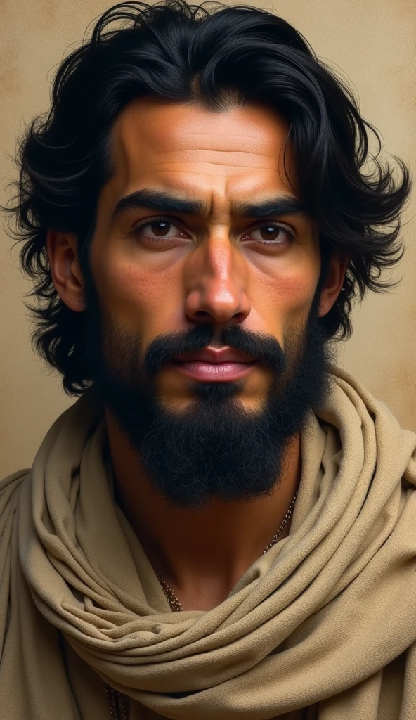 Create a forensic-style composite portrait of a person with the following features: medium height and build, not too thin or overweight. They are of Arab descent with well-groomed, slightly wavy black hair that reaches the tips of their ears. They have a broad forehead, thick black eyebrows with noticeable veins between them when displeased. Their nose is prominent but not long. They sport a well-maintained, thick beard and mustache, with a few missing teeth, including one that is broken due to a spear injury. The individual is muscular and appears fresh and vibrant. Their walking style resembles a steady, smooth gait on flat ground. When speaking, they often repeat themselves three times and tend to use the dialect of their conversation partner, occasionally tapping their left palm with their index finger. They can smile and laugh, but their laughter is subdued and not boisterous, even when something is very funny. The person is dressed in clothing typical of the early 7th century CE (around 620-621 AD), reflecting the styles of that historical period.