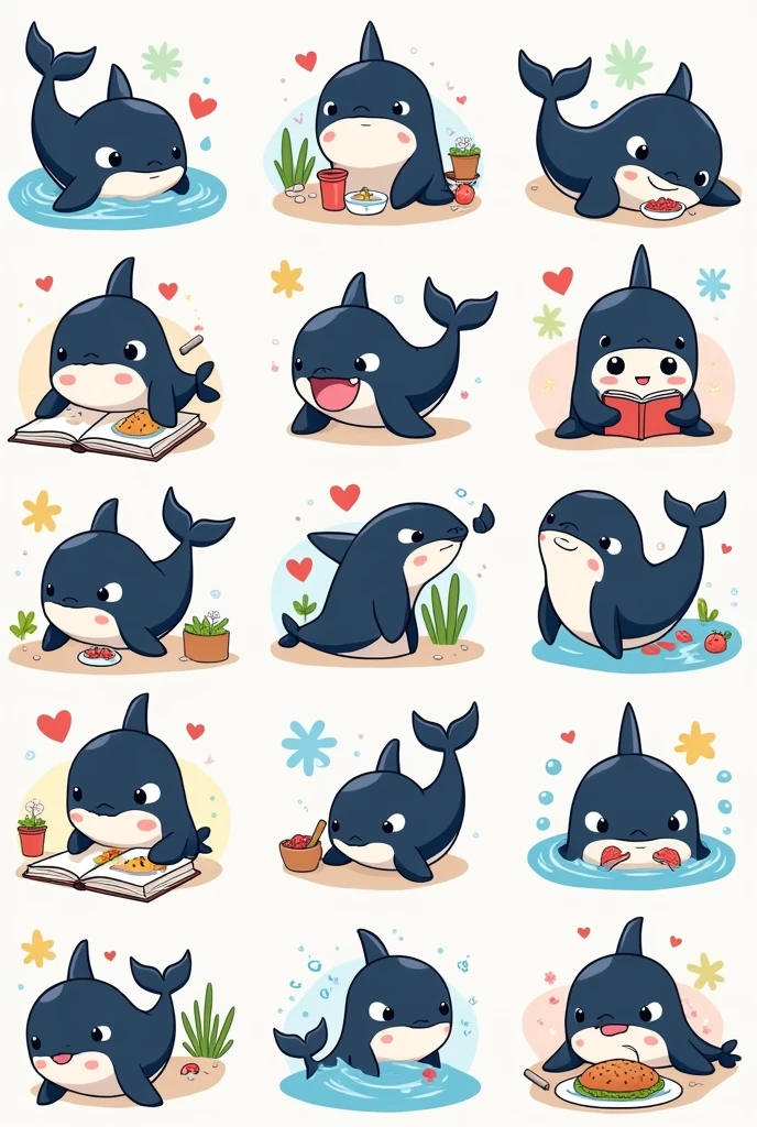 chibi orca whale for sticker organize 24 pictures about manners Orca, such as Orca is eating a fish, Orca reading a book, Orca is cooking, Orca says hello, Orca says good night, Orca says love, Orca is sleeping, Orca playing telephone, Orca is anger, Orca is happy, Orca is washing, Orca is funny, Orca is playing bubble with other Orca, Orca is writing a book, Orca is drawing, Orca is slaping other Orca, Orca is crying, Orca is smiling, Orca is lauging, Orca is singing with microphoe, Orca is dibing, Orca is resing at beach, Orca is tried, Orca plaing with friends