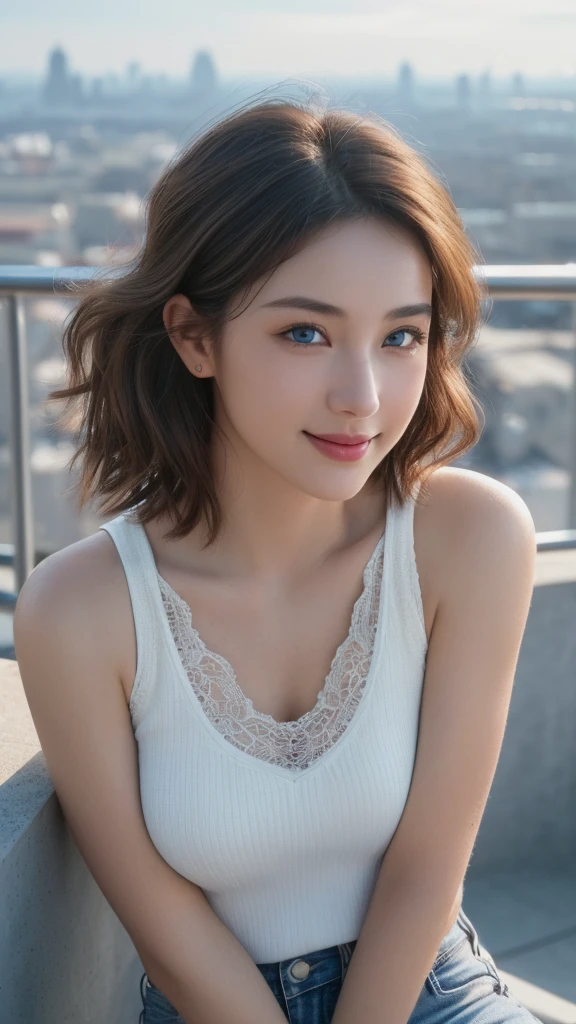 (RAW, analogue, Nikon Z 14mm ultra-wide angle lens, award-winning glamour photograph, ((best quality)), ((masterpiece)), ((realistic)), skin pores, subsurface scattering, radiant light rays, high-res, detailed facial features, high detail, sharp focus, smooth, aesthetic, extremely detailed, (extremely detailed eyes, extremely detailed iris), extremely detailed hair, extremely detailed skin, extremely detailed clothes, octane render, photorealistic, realistic, post-processing, max detail, realistic shadows, roughness, natural skin texture, real life, ultra-realistic, photorealism, photography, 8k UHD, photography, hdr, intricate, elegant, highly detailed, sharp focus, stunning, beautiful, gorgeous), (masterpiece:1.2, best quality1:1, ultra-detailed:1.2, best shadow, 8k:1.1), (massive city:1.3, rooftop:1.1, city structures below, handrails), (contrasting background, bright background), (beautiful detailed face), high contrast, (perfect illumination:1.2, beautiful color, delicate color), ((cinematic light)), colorful, hyper detail, dramatic light, intricate details, (1 girl, solo, brown hair, smiling face, short hair, wavy hair:1.1, blue eyes, dynamic angle, white tanktop, jeans, cowboy shot, arms down), depth of field