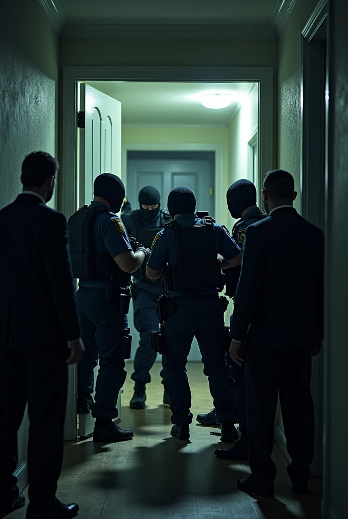 Mani Police officers arresting bunch of terrorist in a house where everything is measured at night and also to man are standing beside wearing suits