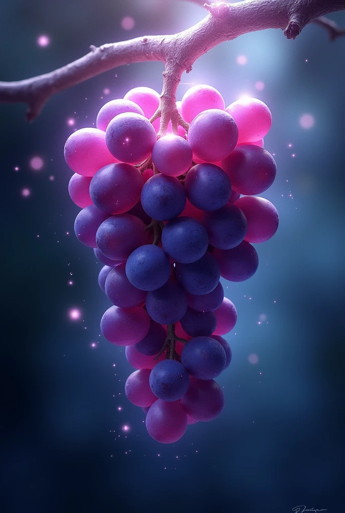 a bunch of grapes, mystical, divine, the stem points downwards.