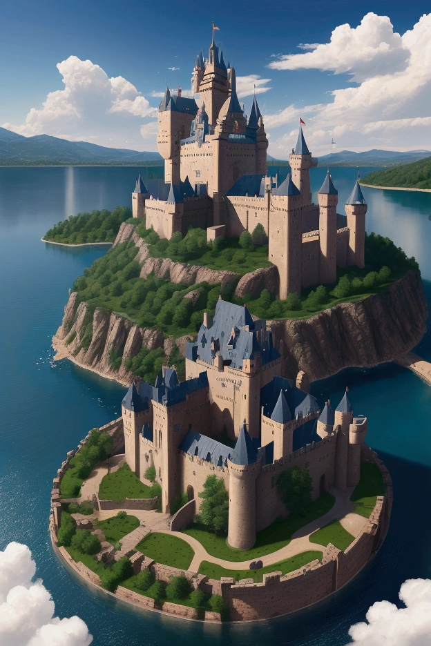 Massive Castle, Surrounded by several buildings in a circle connected to the castle, near a lake, a huge island in the middle of the lake, a stone path leading to the castle.