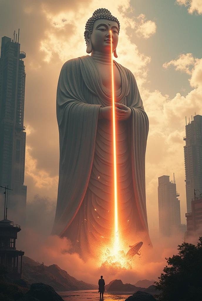 Super huge Buddha statue、Shoots lasers from eyes、Destroy the spaceship that has invaded Earth by firing a laser at it.、Big Explosion