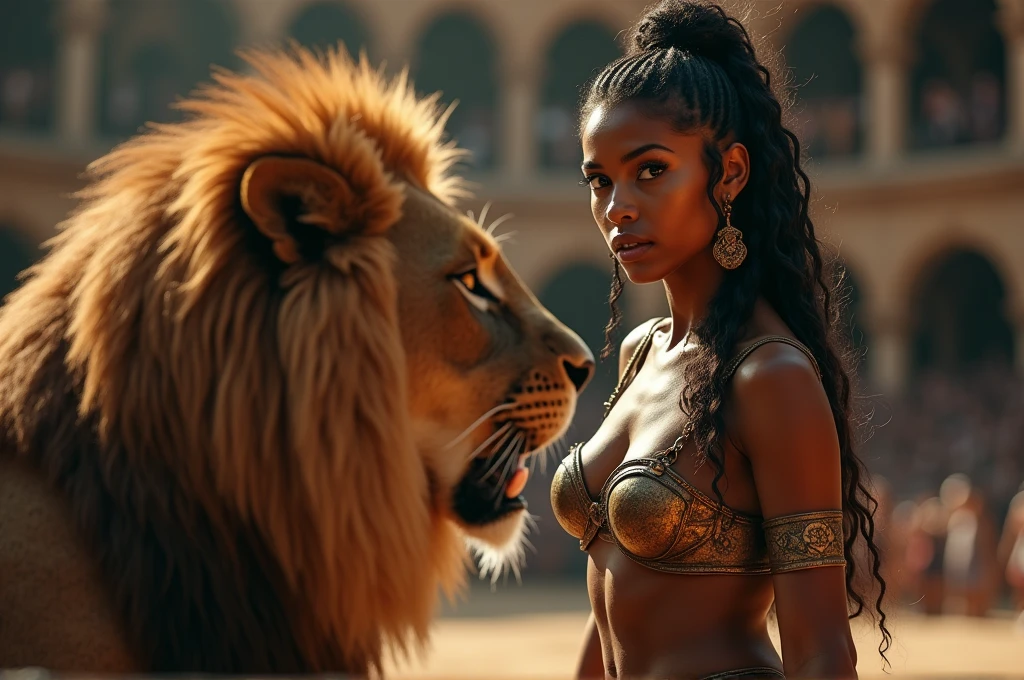 (RAW photo), (Realistic,24k), (photo-realistic), ultra high resolution, masterpiece, highest quality, portrait, facial portrait, perfect lighting, detailed lighting, dramatic shadow, ray tracing, 1 beautiful slave girl, , ((Idol face)), perfect anatomy, dark skin, Voluptuous, cleavage, symmetrical eyes, beautiful detailed brown eyes, chubby lips, big thick thighs, abs, muscle, shortcut hair, black hair, half open mouth, ((wearing a erotic Gladiator costume)), ((in Rome Arena)), (((fight with Lion))),