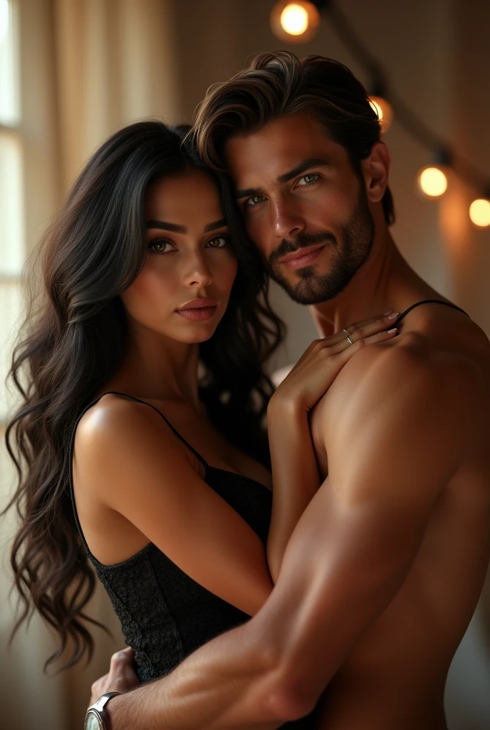 A beautiful Instagram model, long black hair, wearing a beautiful outfit , full body view, ((big boobs)), (hourglass figure), (white girl), detailed face, beautiful eyes, luscious lips, cinematic lighting, photorealistic, highres, 8k, (best quality:1.2), (realistic:1.37) , full body view , with her friend,Handsome 3 caucasian man with desireable features, medium length light brown hair, trimmed sides, clean shave face, BREAK, intriguing green eyes, tall and fit, (athletic:1.2) physique, seductive smile with confident expression , sexy , sexy hugging rom behind, love