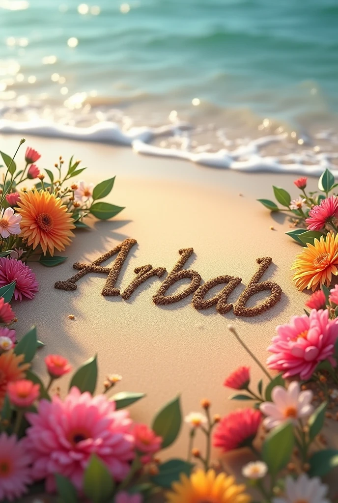 My name Arbab written on sand with lots of flowers 
