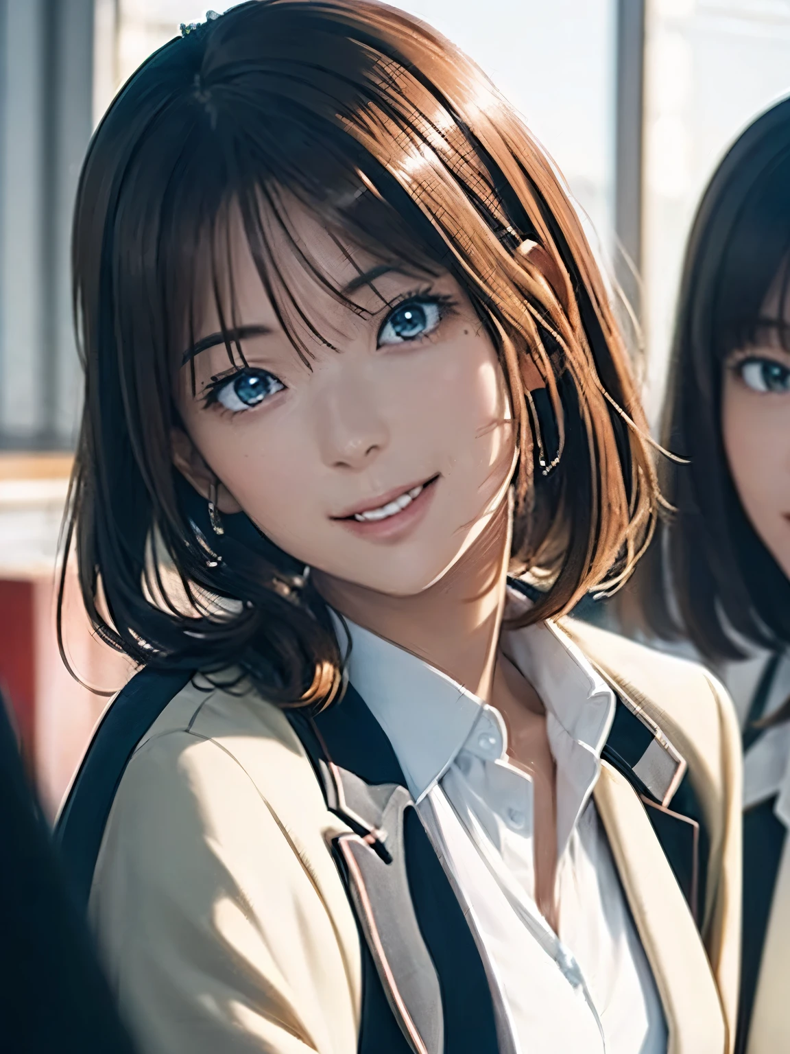 High resolution, 8k, Highest quality, detailed, Semi-realistic anime, Anime 3D Style, Smooth anime CG, One Girl, A 20-year-old Japanese woman, slim, Modeled, Shiny brown hair, detailedな顔, Beautiful and detailed, Glowing Skin, Hard Focus、Film Grain, Soft lighting, Looking at the audience, Laughter, (A woman wearing a formal jacket and pantsuit), A city lined with office buildings、A street where businessmen come and go