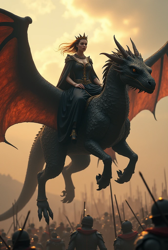 might and viscious wyvern flying up the battlefield mounted by a beautiful queen wearing black noble outfit with a crown heading to war, soft lighting, realistic, intricate details, warm colors, by Greg Rutkowski, by Alphonse Mucha