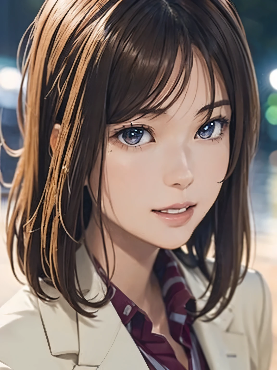 High resolution, 8k, Highest quality, detailed, Semi-realistic anime, Anime 3D Style, Smooth anime CG, One Girl, A 20-year-old Japanese woman, slim, Modeled, Shiny brown hair, detailedな顔, Beautiful and detailed, Glowing Skin, Hard Focus、Film Grain, Soft lighting, Looking at the audience, Laughter, (A woman wearing a formal jacket and pantsuit), A city lined with office buildings、A street where businessmen come and go