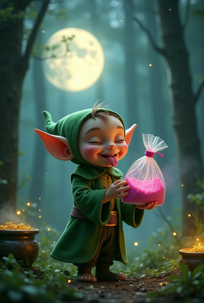 an elf (of those who have pots of gold and clovers) holding a plastic bag in only one of his hands (like a ziploc bag) containing pink powder inside. The background must be in a forest at night with the moon (mean moon), fog and stars (that look like dots). The elf must stick out his tongue laughing.