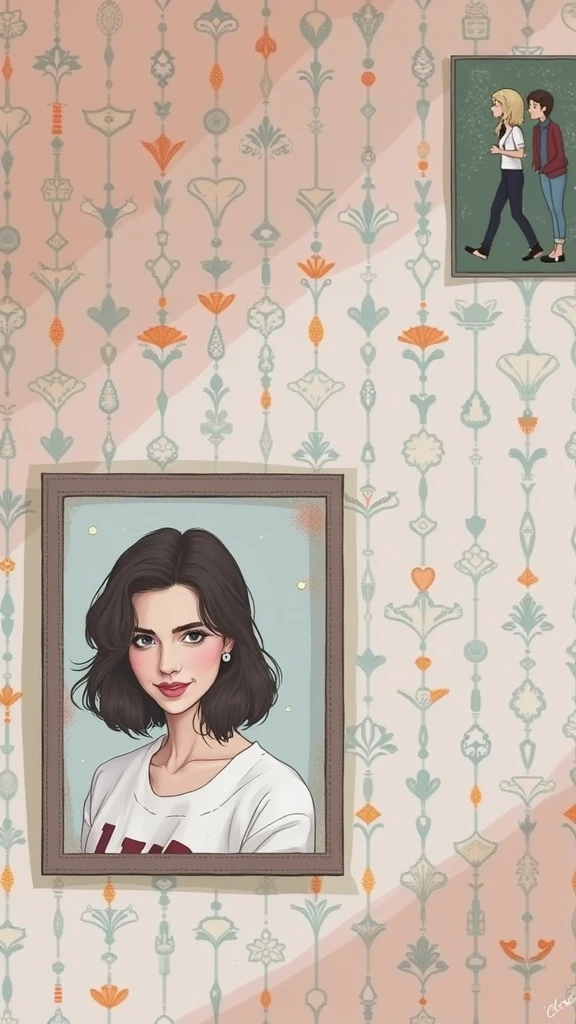 there is a picture of a woman that is on a wall, mixed media style illustration, gilmore girls aesthetic, ((oversaturated)), wallpaper!, 🤬 🤮 💕 🎀, travel poster, digital art. @mariomaniacdude, 🪔 🎨;🌞🌄, cover art, promo art, official artwork, album cover!, watercolor illustration style