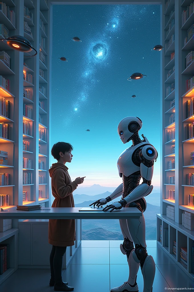 library,person,robot,star,future world,research,student