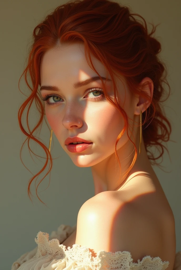 ((photorealism:1.2), beautiful red-haired woman with hair tied back, soft lighting, realistic, intricate facial details, front view, no hair in front of face, by Greg Rutkowski, by Alphonse Mucha)