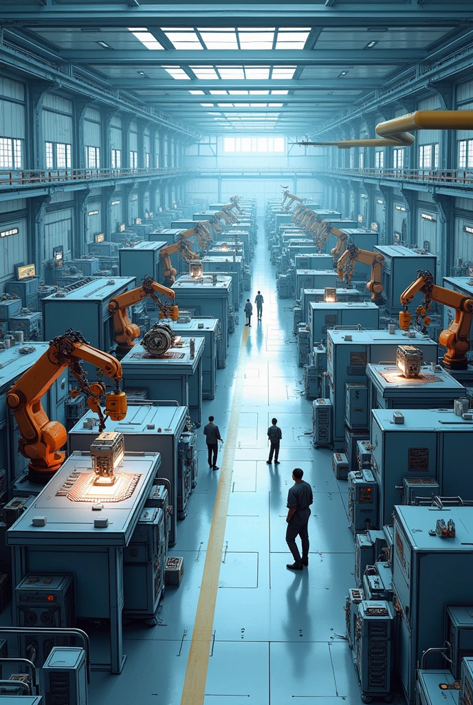 Create a simple drawing that shows how technological innovation has changed factory work