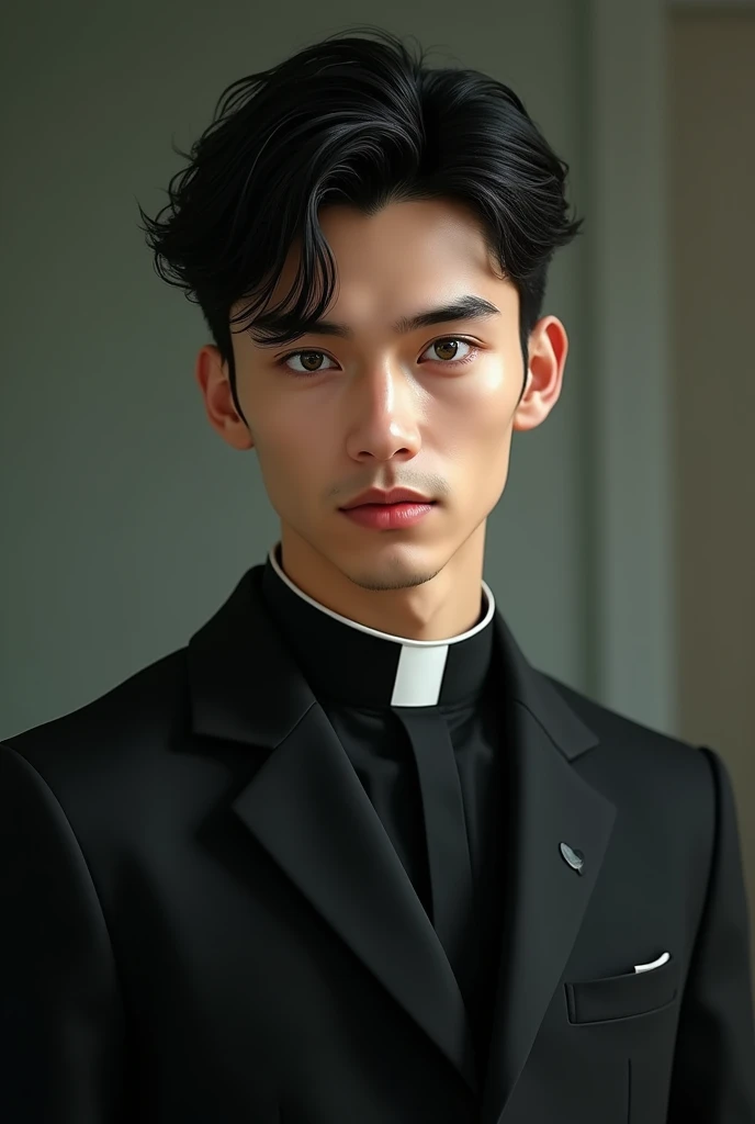 A young man (about twenty-four years old) hairless, White skin, fine features, green eyes with brown highlights and black hair dressed in a black suit with a realistic priest collar