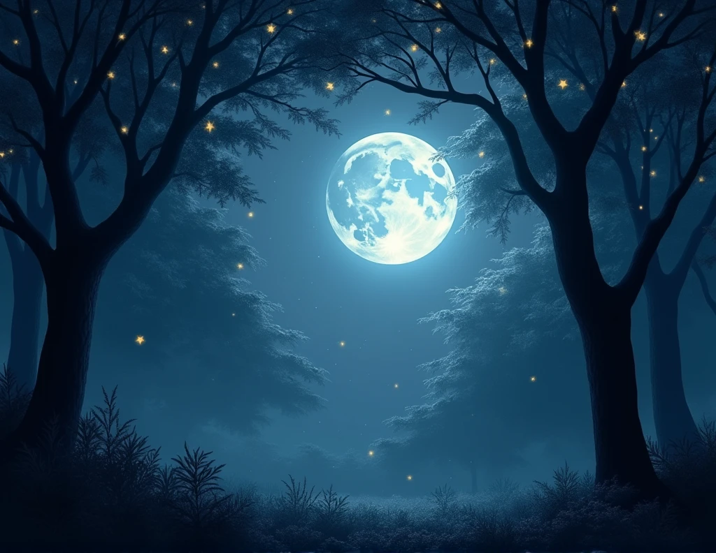 shiny moon and twinkling stars in the forest sky