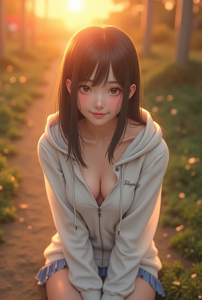 Professional photo-realistic imYears。Sunset Park。She was wearing a white hoodie with a slit at the chest and no bra..、A neat and clean Japanese woman20Year。He is on his knees, Leaning forward, And with her hands resting on her lap.。Her clothes are rising from her chest, Exposing breasts through a gap.。Small breasts and nipples are visible。 She looked at me and smiled shyly, blushing.。 Composition from directly above。Browsing Caution