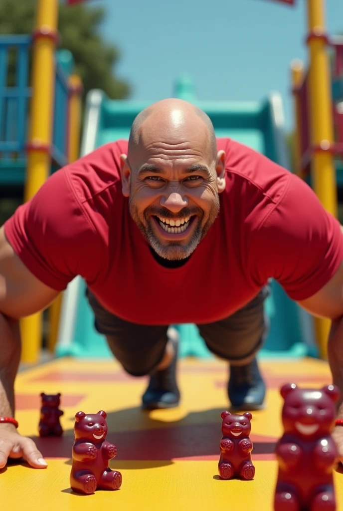 "Create an exaggerated, hyper-realistic image of a muscular man with a broad smile, resembling a famous actor known for his bald head, wearing a red t-shirt, doing a push-up on a playground. The gummy bears are dangerous smiling on that man
