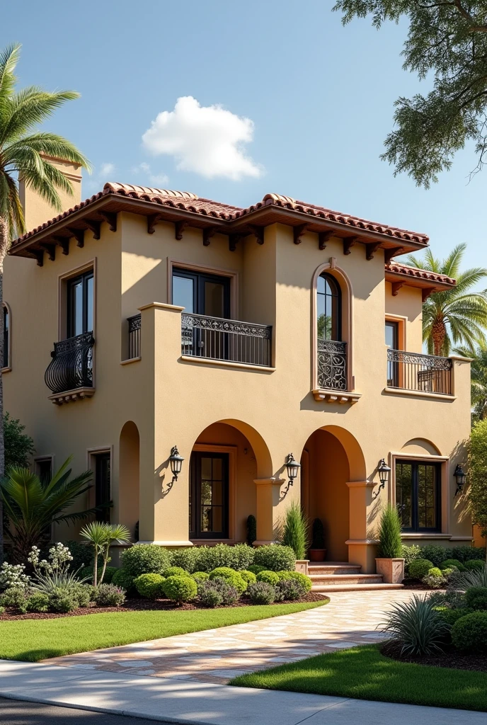 Draw a complete picture of an American modern house inspired with Spanish design