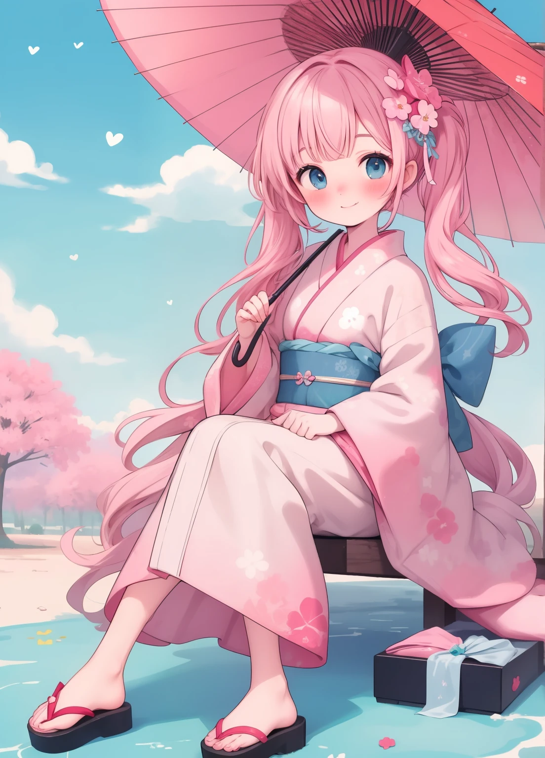 (masterpiece、Highest quality、Highest quality、Official Art、Beautiful and beautiful:1.2)、(One person:1.3)Hatsune Miku、Twin tails,Beautiful breasts, Katsushika Hokusai,masterpiece, Highest quality, One person女の子, alone, umbrella, kimono, blue eyes, kimono, oil-paper umbrella, smile, Long Hair,  Gray Hair, or, Sitting, shoes下, Holding, Multicolored Hair, Sandals,  View your viewers, sash, Sandals removed, hair ornaments, Holding umbrella, shoes, Haori, whole body, Happy new year, white shoes下, shoes removed, Wide sleeves, Long sleeve, Parasol, heart, blush, One leg, Pink Hair, Lie in, Floral print, Mouth closed, Blonde