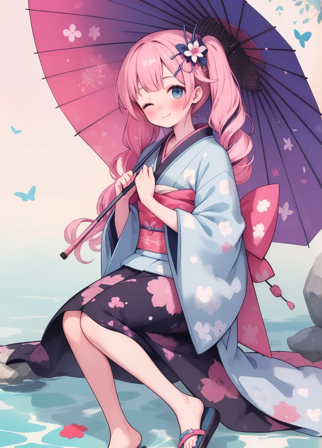 (masterpiece、Highest quality、Highest quality、Official Art、Beautiful and beautiful:1.2)、(One person:1.3)Hatsune Miku、Twin tails,Beautiful breasts, Katsushika Hokusai,masterpiece, Highest quality, One person女の子, alone, umbrella, kimono, blue eyes, kimono, oil-paper umbrella, smile, Long Hair, Gray Hair, or, Sitting, shoes下, Holding, Multicolored Hair, Sandals, View your viewers, sash, Sandals removed, hair ornaments, Holding umbrella, shoes, Haori, whole body, Happy new year, white shoes下, shoes removed, Wide sleeves, Long sleeve, Parasol, heart, blush, One leg, Pink Hair, Lie in, Floral print, Mouth closed, Blonde