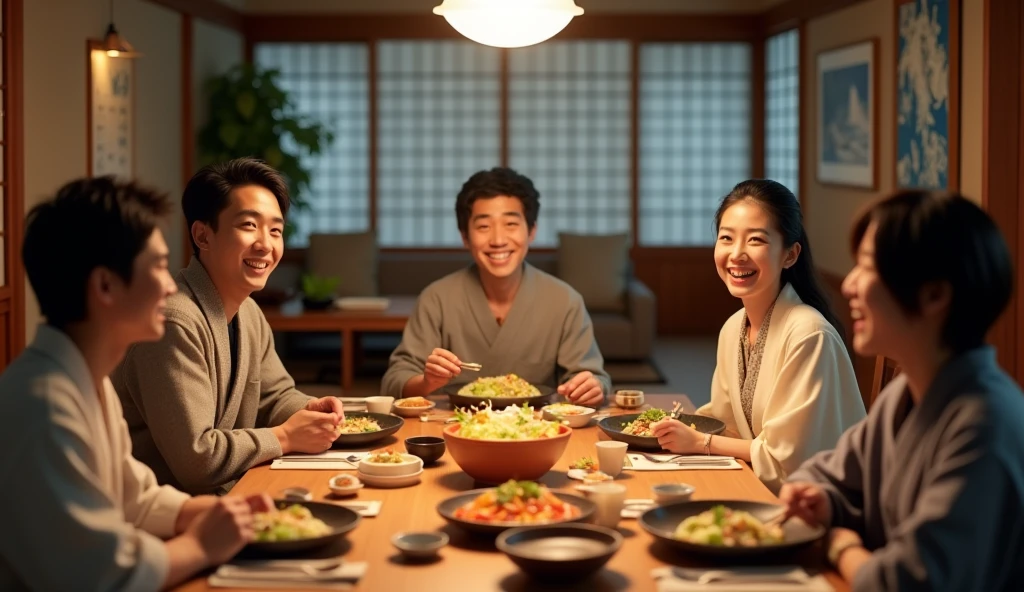 There is a shadow、Photorealistic、Ultra HD、Japanese people smiling around the dinner table