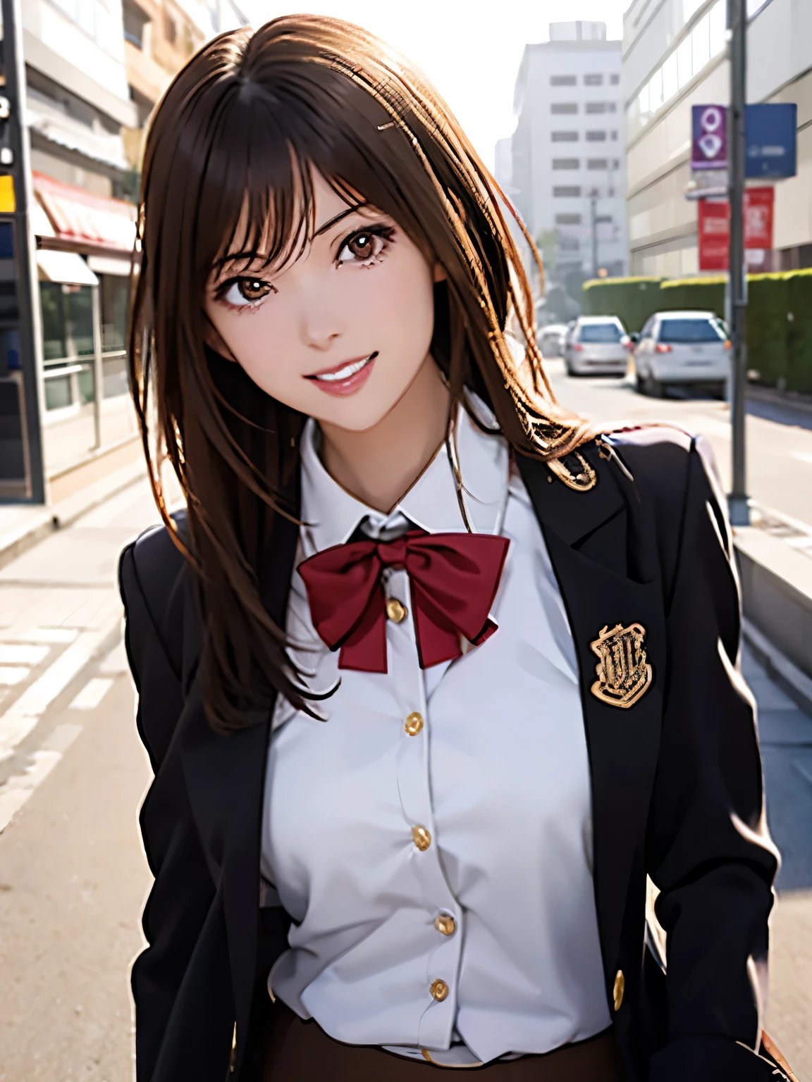 High resolution, 8k, Highest quality, detailed, Semi-realistic anime, Anime 3D Style, Smooth anime CG, One Girl, A 20-year-old Japanese woman, slim, Modeled, Shiny brown hair, detailedな顔, Beautiful and detailed, Glowing Skin, Hard Focus、Film Grain, Soft lighting, Looking at the audience, Laughter, (A woman wearing a formal jacket and pantsuit), A city lined with office buildings、A street where businessmen come and go