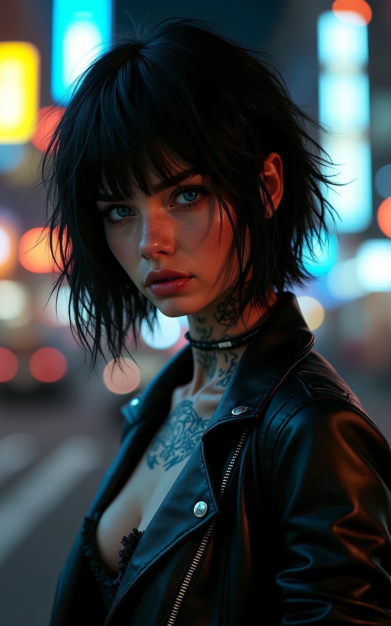 Beautiful woman, black hair, Bob cut, blue eyes, sightly muscled, messy hair, tattooed neck, leather jacket, San Francisco in the background, kink, evil aura, night, kink.
