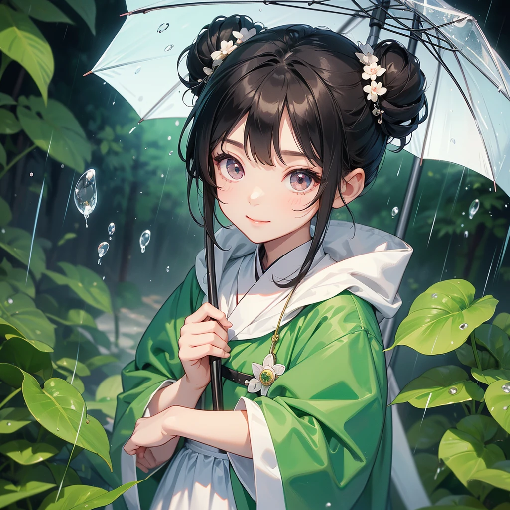A chibi child girl had a small face and Wearing white little Taoist priest's outfit. A pair of big round eyes shone with curiosity about him. This child was so cute,her hair is black with two buns on her hair.small chibi, chibi baby, smiling ,Chibi.
Stand holding an umbrella to protect from the rain. Rain fell and splashed around. There are water droplets falling on the leaves in the surrounding area, green and moist, the atmosphere after rain.