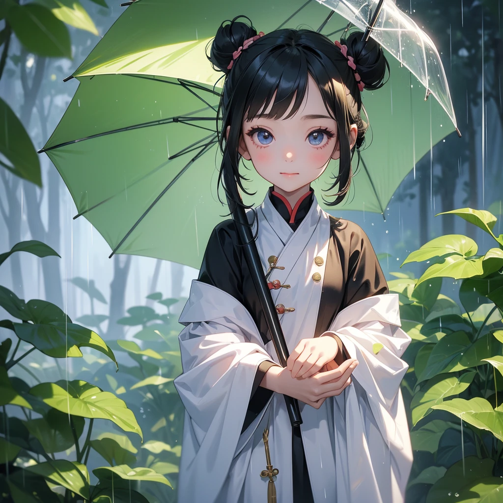 A chibi child girl had a small face and Wearing white little Taoist priest's outfit. A pair of big round eyes shone with curiosity about him. This child was so cute,her hair is black with two buns on her hair.small chibi, chibi baby, smiling ,Chibi.
Stand holding an umbrella to protect from the rain. Rain fell and splashed around. There are water droplets falling on the leaves in the surrounding area, green and moist, the atmosphere after rain.