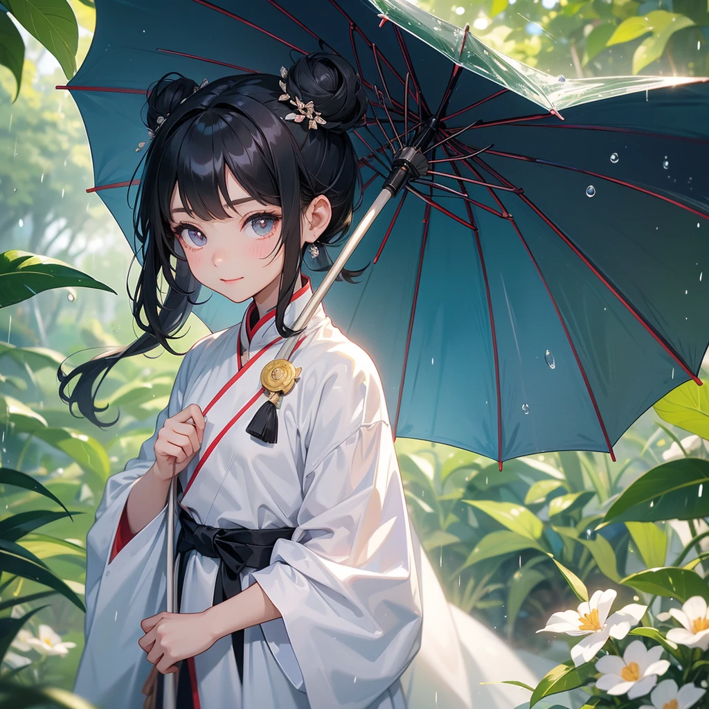 A chibi child girl had a small face and Wearing white little Taoist priest's outfit. A pair of big round eyes shone with curiosity about him. This child was so cute,her hair is black with two buns on her hair.small chibi, chibi baby, smiling ,Chibi.

Stand holding an umbrella to protect from the rain. Rain fell and splashed around. There are water droplets falling on the leaves in the surrounding area, green and moist, the atmosphere after rain.
