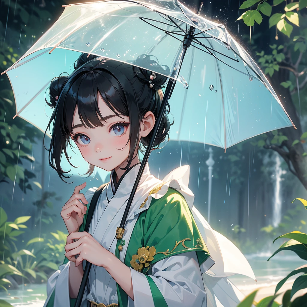 A chibi child girl had a small face and Wearing white little Taoist priest's outfit. A pair of big round eyes shone with curiosity about him. This child was so cute,her hair is black with two buns on her hair.small chibi, chibi baby, smiling ,Chibi.

Stand holding an umbrella to protect from the rain. Rain fell and splashed around. There are water droplets falling on the leaves in the surrounding area, green and moist, the atmosphere after rain.
