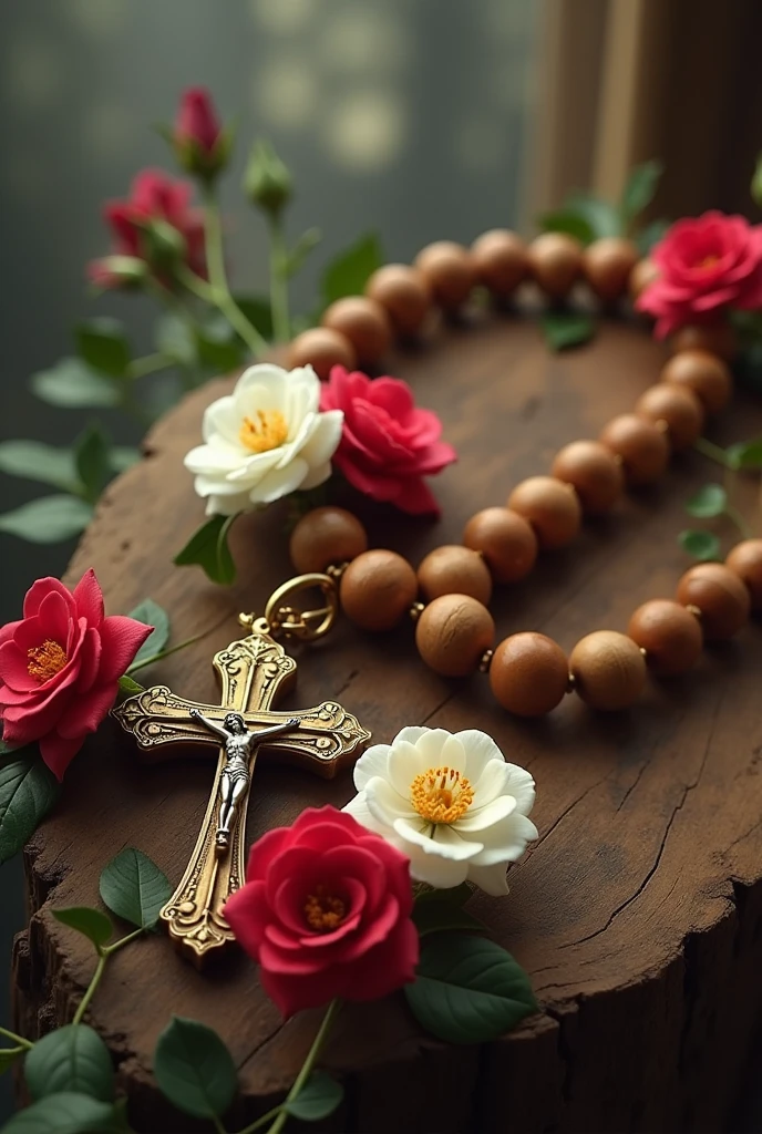 generate a complete holy rosary with the 5 mysteries, that in each chibola is a flower or rose in png