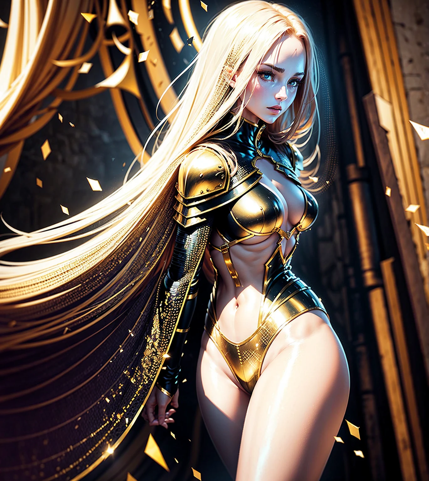 A WOMAN IN BLACK ARMOR, long redhead hair, LOW-CUT BODYSUIT, breasts big, MEDIEVAL GOLD AND WHITE LOW-CUT ARMOR, thong panties, GOLD AND WHITE STRIPED BODYSUIT, GOLDEN SWIMSUIT WITH WHITE THREAD, strappy swimsuit, extravagant neckline, SEMI-NAKED ARMOR, in a forest