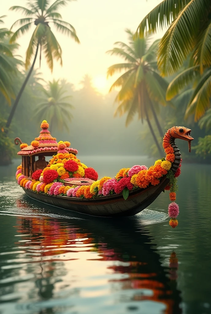 "Create an image of a traditional Kerala snake boat (Chundan Vallam) floating on a calm riverside, filled with vibrant, colorful flowers. The boat should be adorned with intricate floral arrangements, showcasing a variety of bright flowers in shades of red, yellow, orange, and pink. The scene is set by the riverside, surrounded by lush green coconut trees with their long, sweeping fronds gently swaying in the breeze. The water should reflect the boat and the surrounding greenery, adding a sense of tranquility and natural beauty to the composition. The sky above can be clear with soft, warm sunlight illuminating the scene, enhancing the festive and serene atmosphere."