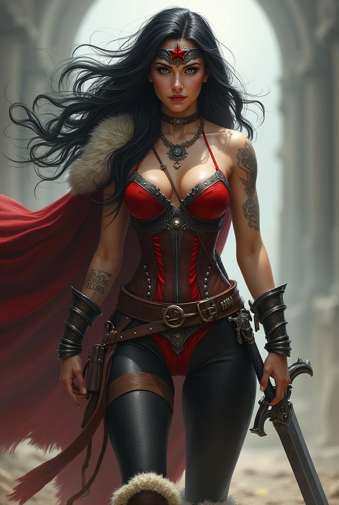 ((((Wonder Woman a beautiful woman with long black hair blown by the wind in a red corset with a wide brown leather harness over the corset)))),((((Black legis)))),((((Sheepskin boots with border)))),(((Sheepskin on his shoulders))),(((Tattoos on one of his arms)))),((((Giant Broad-Brimmed Sword)))),(((Black legis))),(((Red boots on sheepdog))),((((Wide silver metal headband with a red star on the front)))),((((Dark silver metal bracelets))))