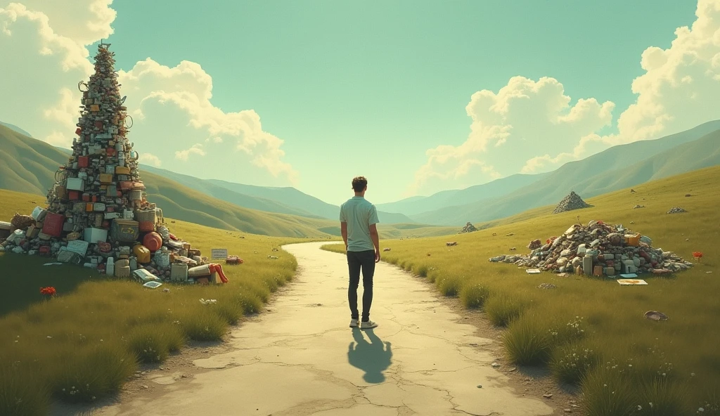 A person standing at a crossroads, with one path leading to a pile of consumer goods and the other path leading to a serene and insightful journey, symbolizing the choice between material consumption and personal growth."